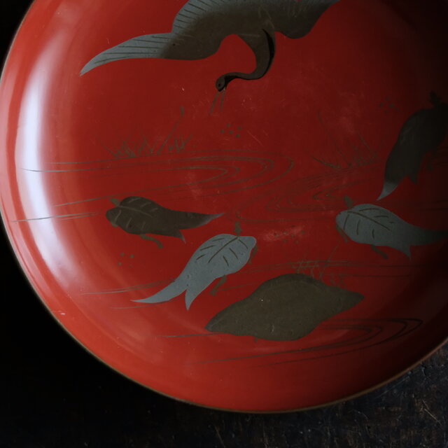 鶴と亀◇味のあるお品物。古輪島塗 漆芸蒔絵盃 中皿 漆器 骨董/antique