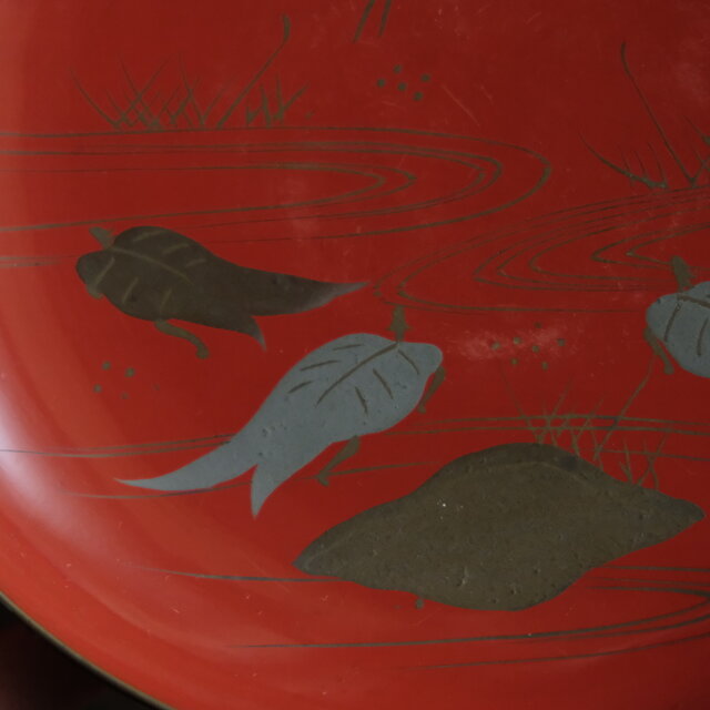 鶴と亀◇味のあるお品物。古輪島塗 漆芸蒔絵盃 中皿 漆器 骨董/antique