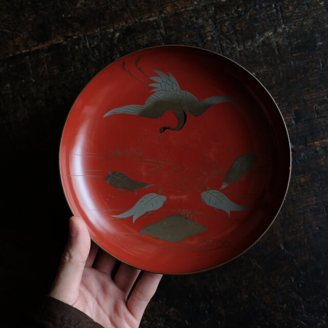 鶴と亀◇味のあるお品物。古輪島塗 漆芸蒔絵盃 中皿 漆器 骨董/antique