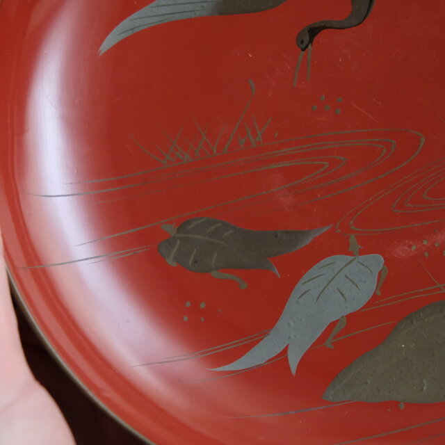 鶴と亀◇味のあるお品物。古輪島塗 漆芸蒔絵盃 中皿 漆器 骨董/antique