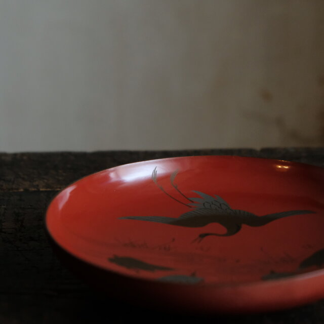 鶴と亀◇味のあるお品物。古輪島塗 漆芸蒔絵盃 中皿 漆器 骨董/antique