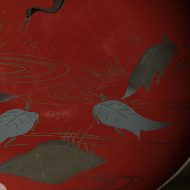 鶴と亀◇味のあるお品物。古輪島塗 漆芸蒔絵盃 中皿 漆器 骨董/antique
