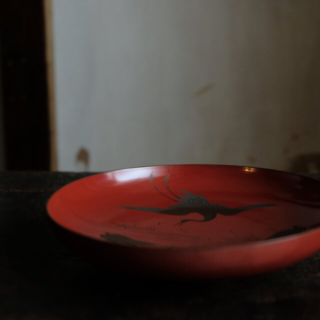 鶴と亀◇味のあるお品物。古輪島塗 漆芸蒔絵盃 中皿 漆器 骨董/antique