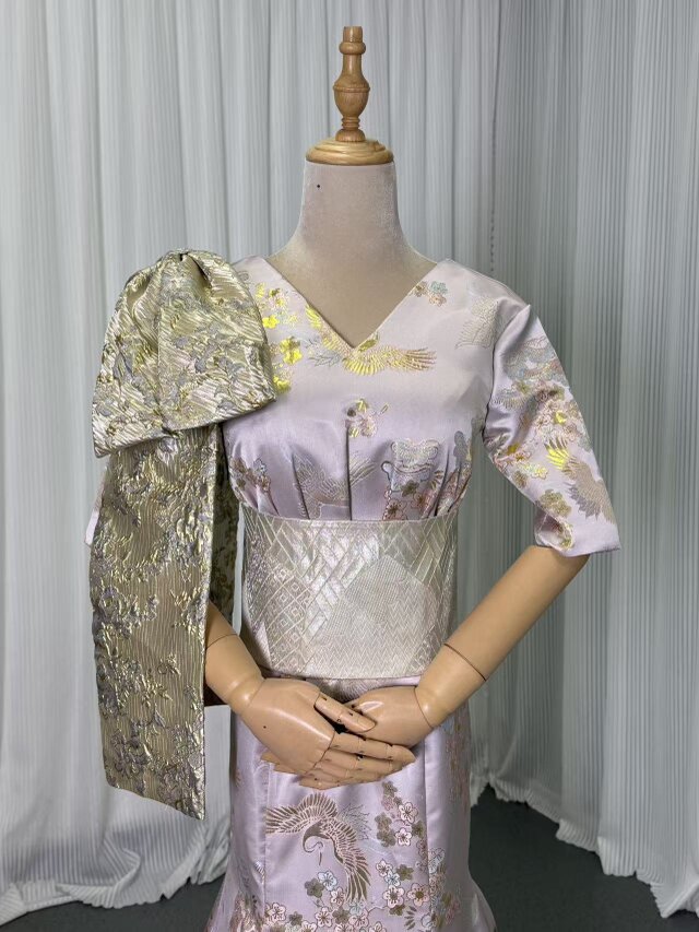 着物ドレス、和風ドレス ピンクソフィア Vネック 半袖 肩のリボン 