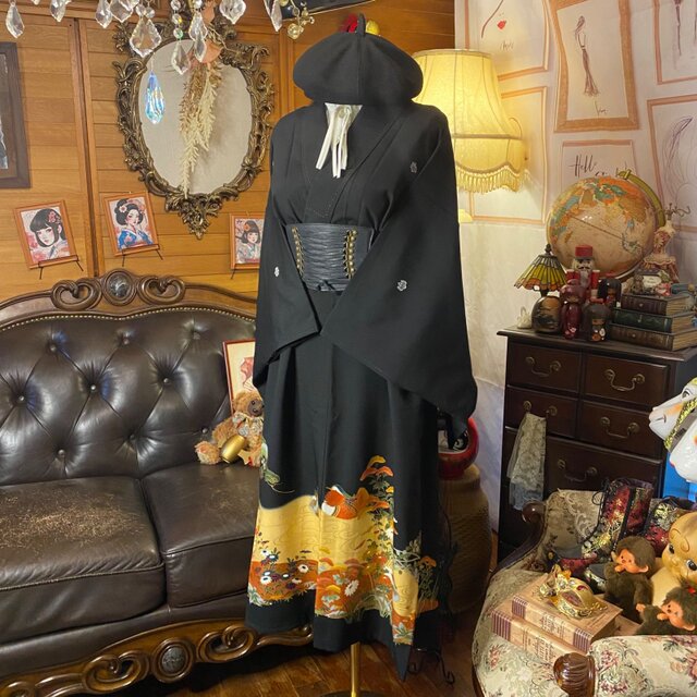 NO 122 着物リメイクワンピース　黒留袖リメイクワンピース 黒留袖 着物 リメイク ワンピース セミロングドレス 和洋折衷 洗える