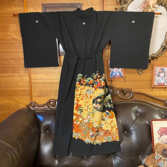 黒留袖 着物 リメイク ワンピース セミロングドレス 和洋折衷 洗える