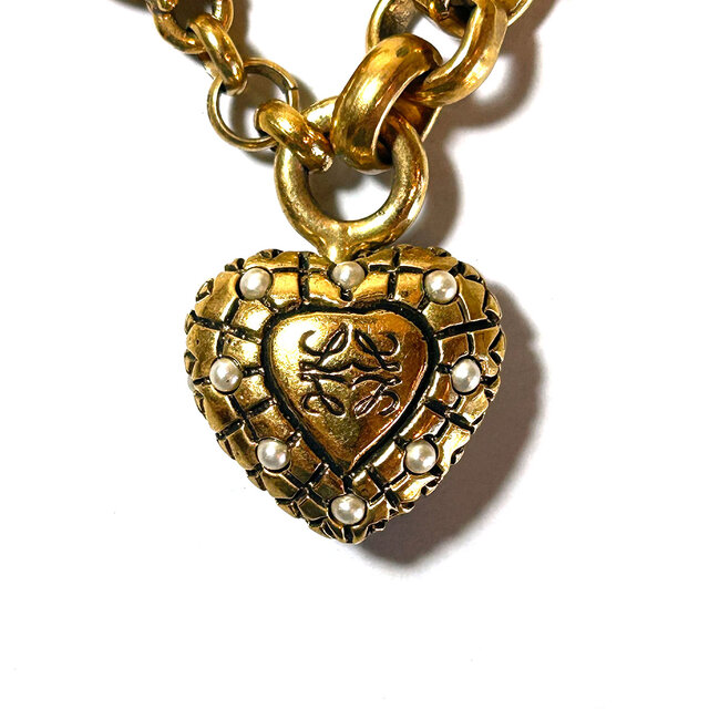 【一点物・超美品】ロエベ アナグラム ハート ブローチ パール ヴィンテージ LOEWE」 Anagram Heart Charm Toggle Clasp Vintage Necklace