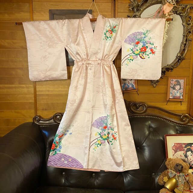 付け下げ 着物リメイクワンピース セミロングドレス 洗える化繊 +