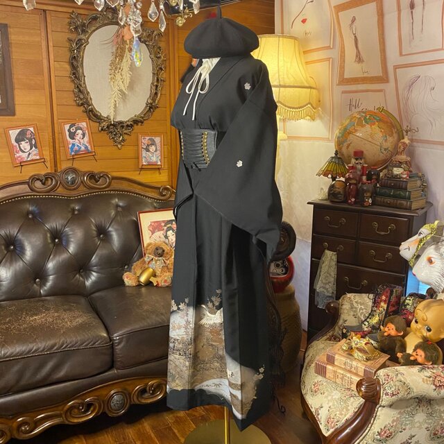 正絹 作家物 未使用品 黒留袖 着物リメイク ロングドレス セミオーダー 黒留袖 着物 リメイク ワンピース ロングドレス 和洋折衷 洗える 化繊