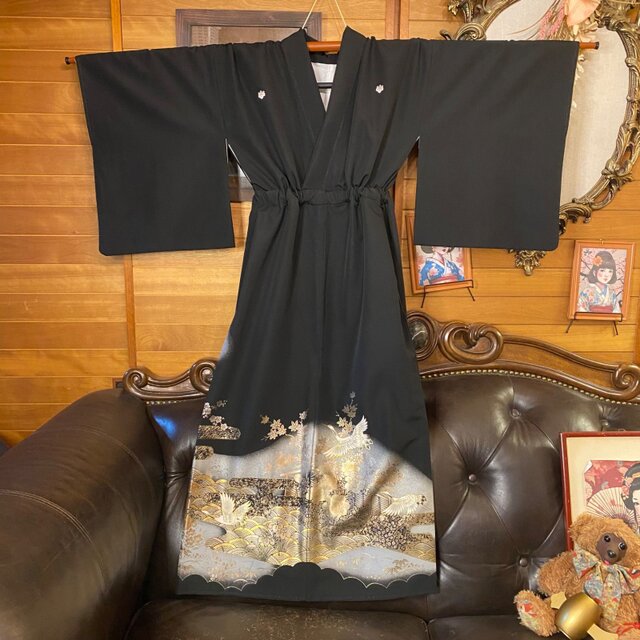 正絹 作家物 未使用品 黒留袖 着物リメイク ロングドレス セミオーダー 黒留袖 着物 リメイク ワンピース ロングドレス 和洋折衷 洗える 化繊