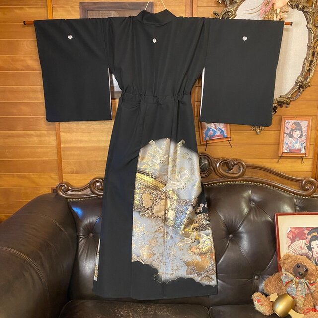 黒留袖 着物 リメイク ワンピース ロングドレス 和洋折衷 洗える 化繊