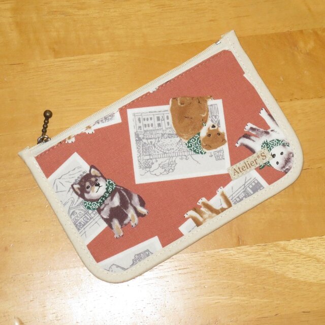 ミニフラットポーチ★写真と豆柴柄（レンガ）
