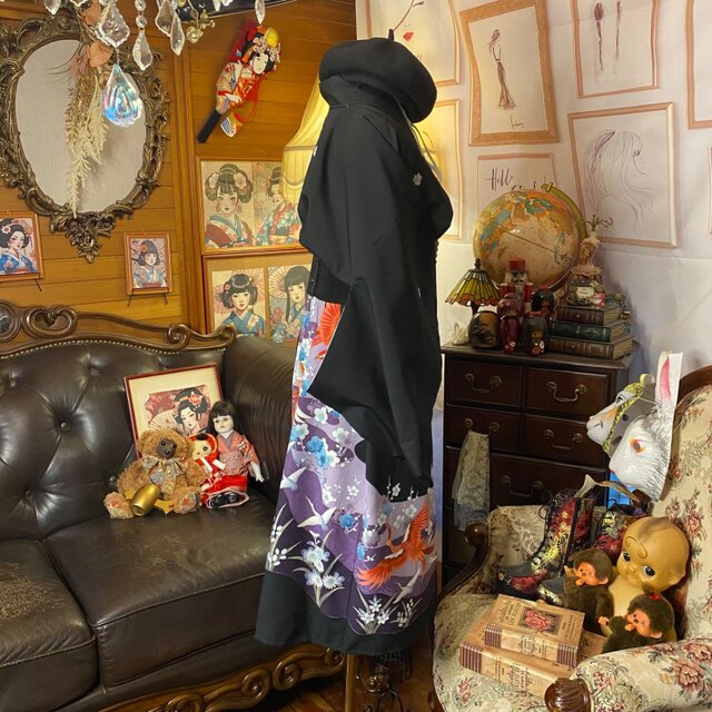 黒留袖 着物 リメイク ワンピース ドレス 和洋折衷 洗える 化繊 古着