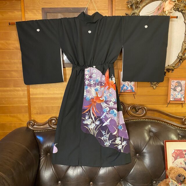 黒留袖 着物 リメイク ワンピース ドレス 和洋折衷 洗える 化繊 古着