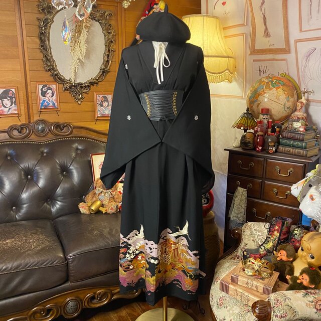 436 着物リメイクロングワンピース　黒留袖 留袖ワンピース 留袖ドレス 着物リメイクロングワンピース