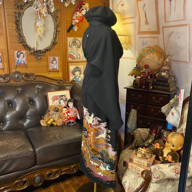 秋冬　留袖　着物リメイク　ドレス　和柄　ワンピース　ハンドメイド　黒×金糸鶴 着物ドレス 黒・金 留袖 2ピース [鶴] | 着物ドレス・留袖ドレス