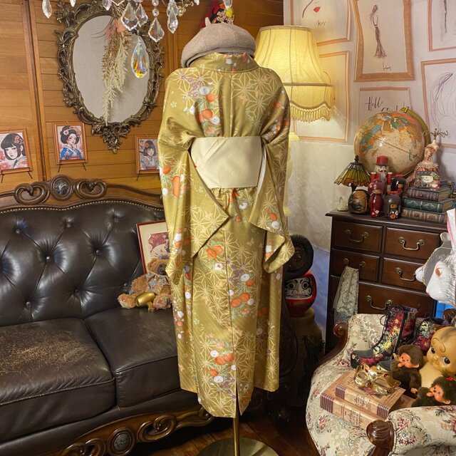 着物リメイクワンピース セミロングドレス 和洋折衷 名古屋帯サッシュ