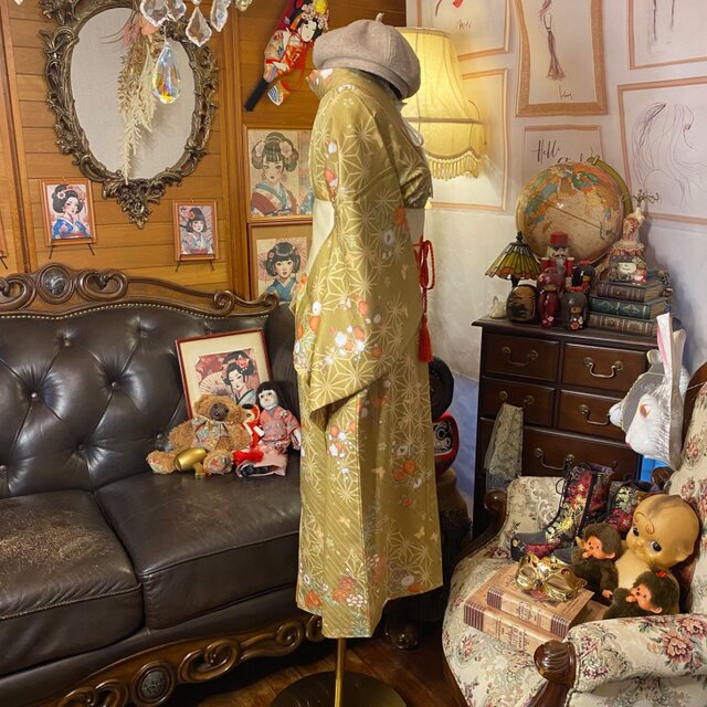 着物リメイクワンピース セミロングドレス 和洋折衷 名古屋帯サッシュ