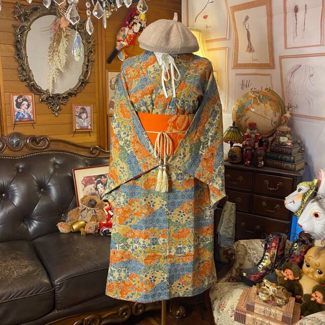 着物リメイク ワンピース ドレス 和洋折衷 洗える 化繊 名古屋帯