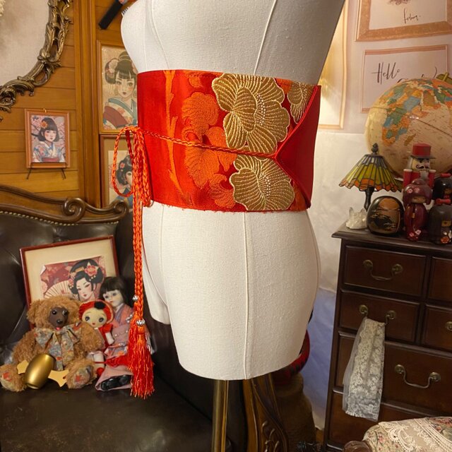 名古屋帯 リメイク サッシュベルト 飾り帯 和洋折衷 ハンドメイド レトロ 古着 L〜LL対応 とろけるピンクに、心までほどけて。 ROB-105 名古屋帯 リメイク サッシュベルト 飾り帯 和洋折衷 ハンドメイド