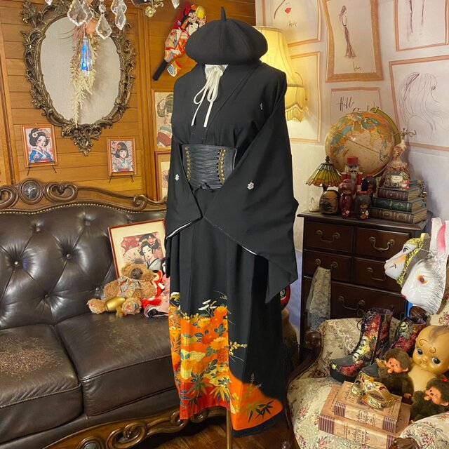 黒留袖 着物 リメイク ワンピース セミロングドレス 和洋折衷 洗える