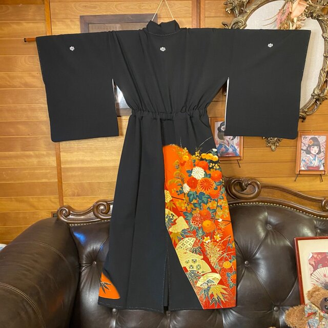 黒留袖 着物 リメイク ワンピース セミロングドレス 和洋折衷 洗える