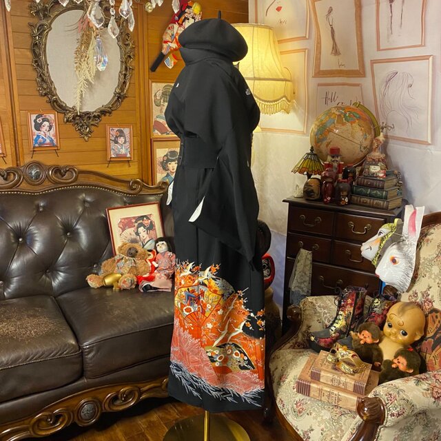 黒留袖 着物 リメイク ワンピース ロングドレス 和洋折衷 洗える 化繊