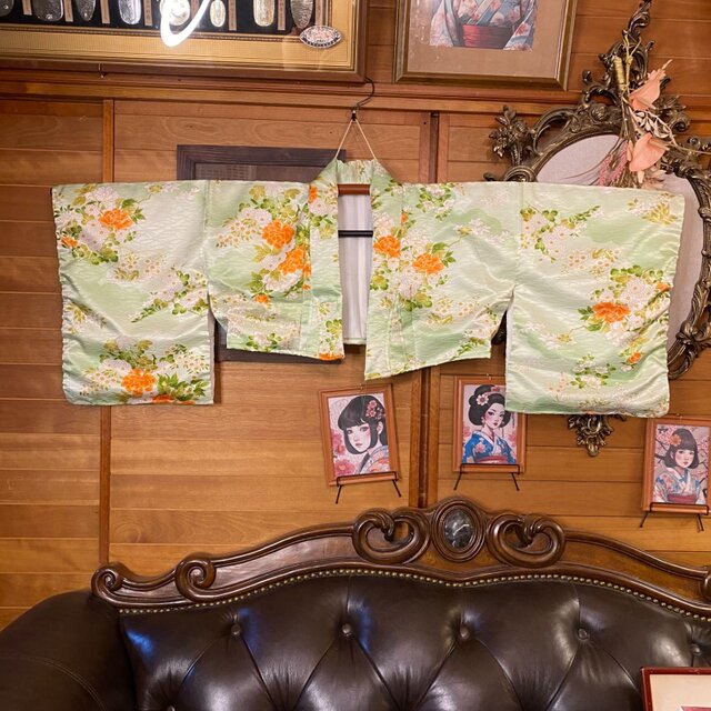 着物 ハンドメイド ワンピース パーティー ドレス 和洋折衷 コラージュ リメイク 切り替え ミント花柄×ピーコックブルー O-74 着物 ワンピース パーティー ドレス 和洋折衷 コラージュ リメイク