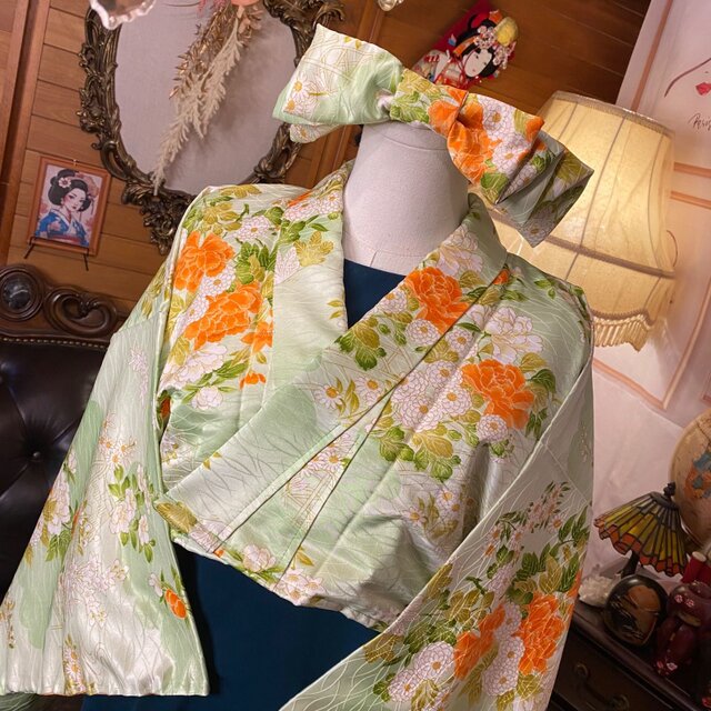 着物 ハンドメイド ワンピース パーティー ドレス 和洋折衷 コラージュ リメイク 切り替え ミント花柄×ピーコックブルー O-74 着物 ワンピース パーティー ドレス 和洋折衷 コラージュ リメイク