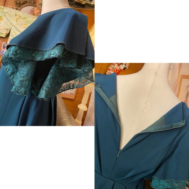 着物 ハンドメイド ワンピース パーティー ドレス 和洋折衷 コラージュ リメイク 切り替え ミント花柄×ピーコックブルー O-74 着物 ワンピース パーティー ドレス 和洋折衷 コラージュ リメイク
