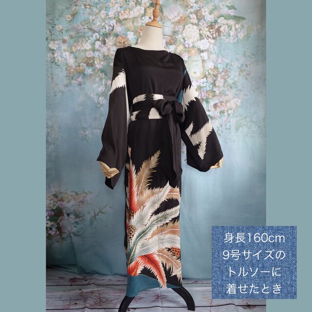 【美品】　着物　リメイクドレス　ワンピース d88 LLサイズ 着物ワンピース サッシュベルト付き 着物リメイク