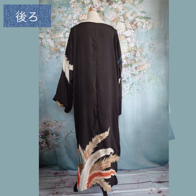 d88 LLサイズ 着物ワンピース サッシュベルト付き 着物リメイク 着物