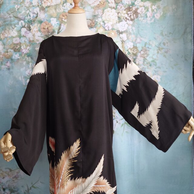 d88 LLサイズ 着物ワンピース サッシュベルト付き 着物リメイク