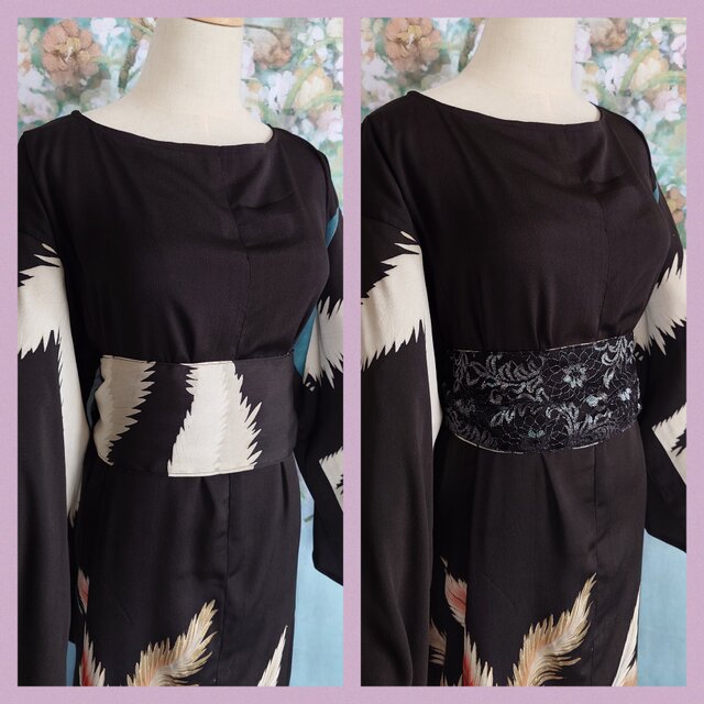 【SALE】d76 着物ワンピース サッシュベルト付 着物リメイク マキシ丈 d8 マキシ丈ドレス サッシュベルト付き 黒留袖 着物リメイク