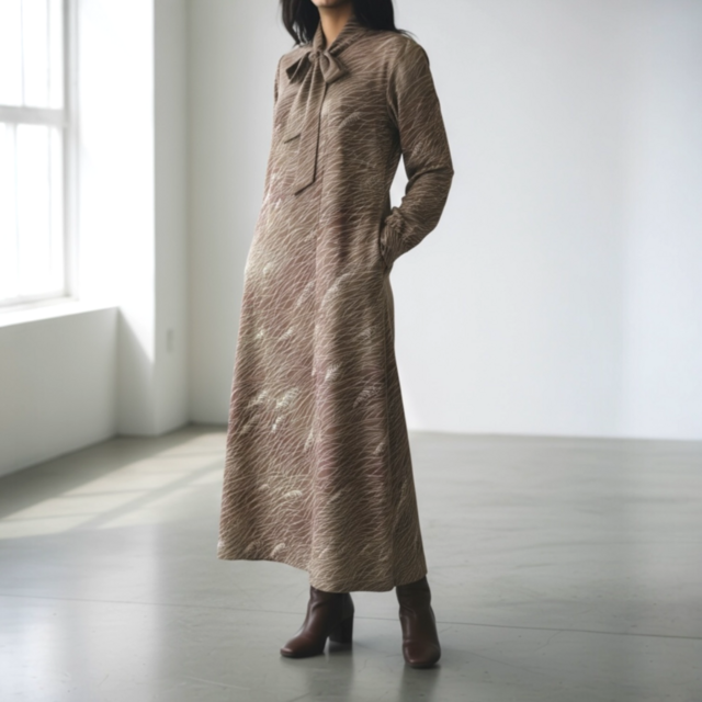 ボウタイ　ワンピース【送料込み】着物リメイク　ブラウン