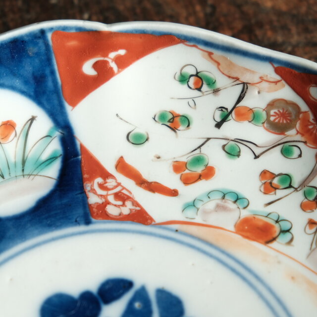 草花と蝶々◇伊万里 花文色絵金彩七寸中皿 古民家 骨董・antiques 明治