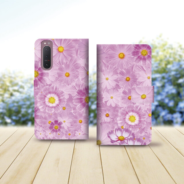 Android シンプル手帳型スマホケース（カメラ穴あり/はめ込みタイプ）【コスモス優しい彩り】