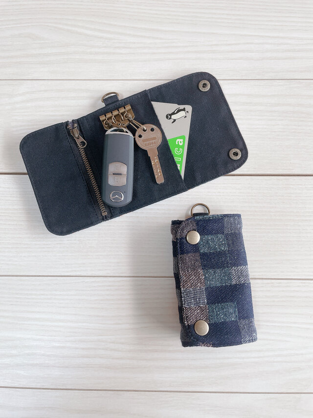 チェック柄岡山デニム　倉敷帆布　　三つ折りキーケース　4連　スマートキーケース　カードケース　コインケース