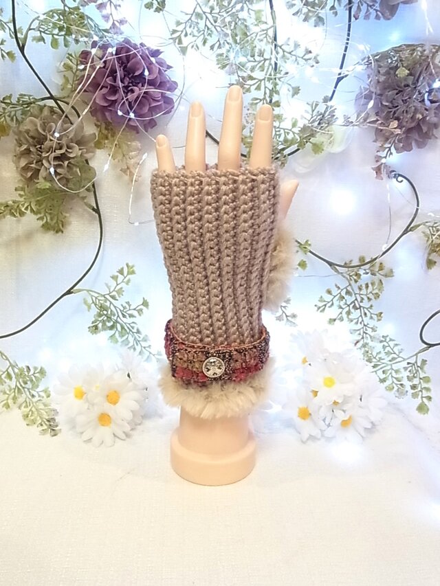 ハンドウォーマー アームウォーマー手編み ツイードベルト 手袋　ローズピンク