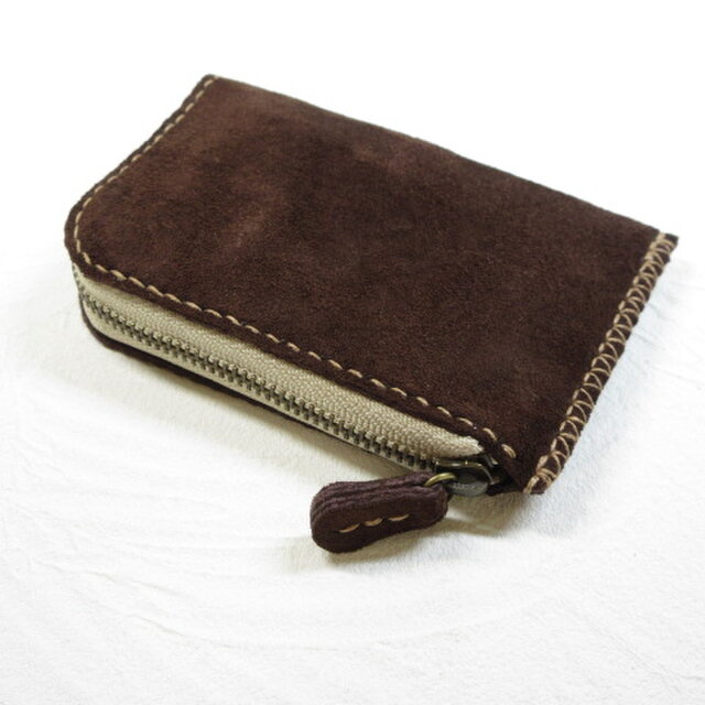 《牛革スエード》スリムタイプ・Ｌ字ファスナー・コインケース・ダークブラウン・0003