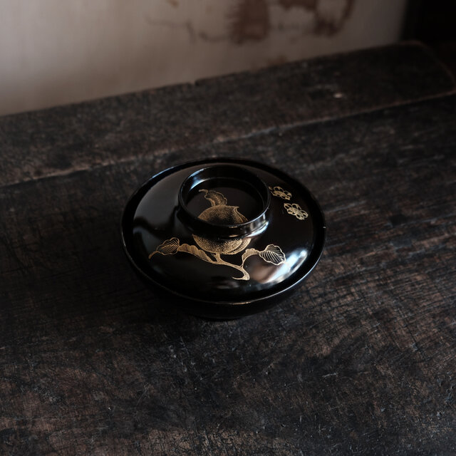 桃と花◇古輪島塗 漆芸黒塗沈金蓋付碗 漆器 骨董・antiques 古民家