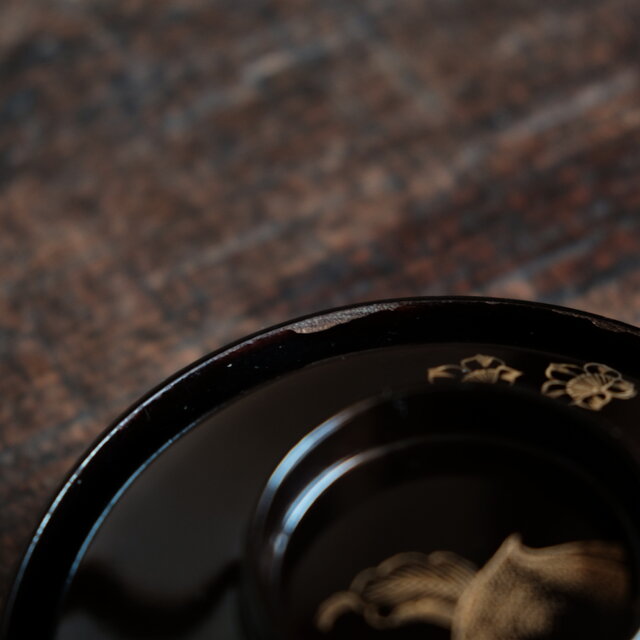 桃と花◇古輪島塗 漆芸黒塗沈金蓋付碗 漆器 骨董・antiques 古民家