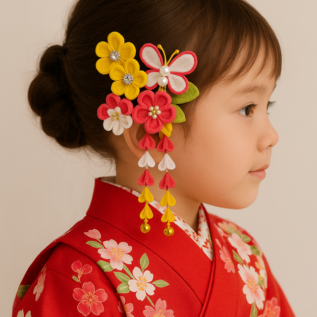 つまみ細工かんざし ピンク＆イエロー　Pink & Yellow Tsumami Kanzashi Set