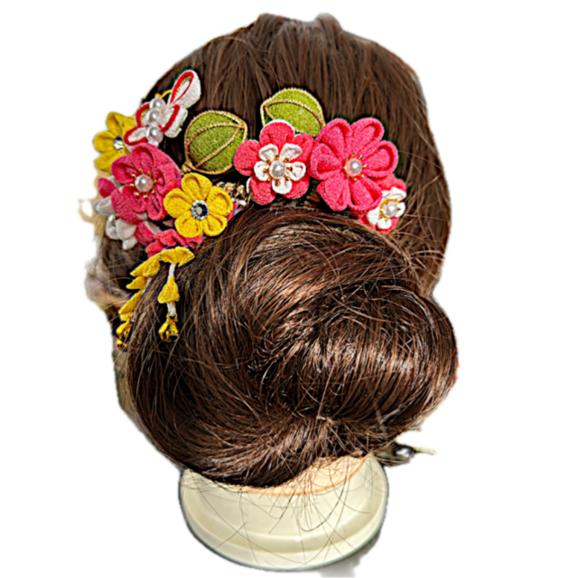 つまみ細工かんざし ピンク＆イエロー Pink & Yellow Tsumami Kanzashi