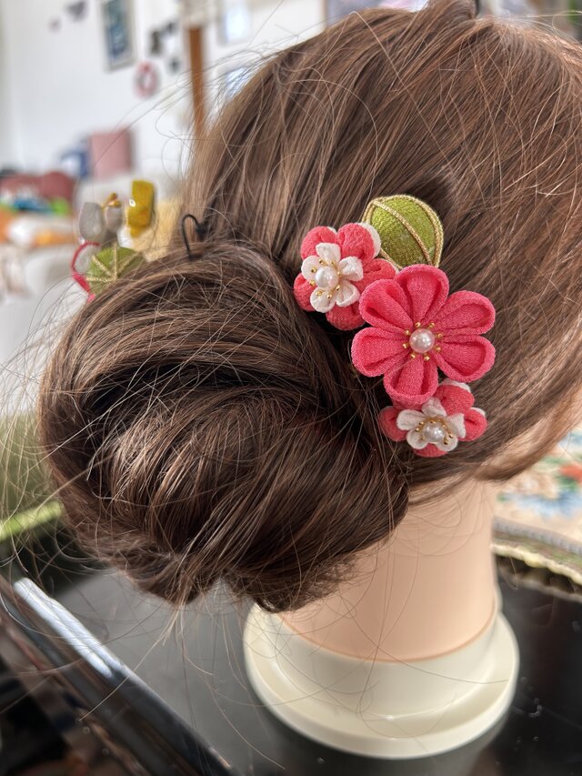 つまみ細工かんざし ピンク＆イエロー Pink & Yellow Tsumami Kanzashi