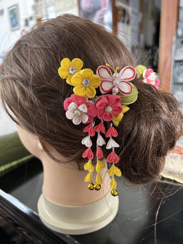 つまみ細工かんざし ピンク＆イエロー Pink & Yellow Tsumami Kanzashi