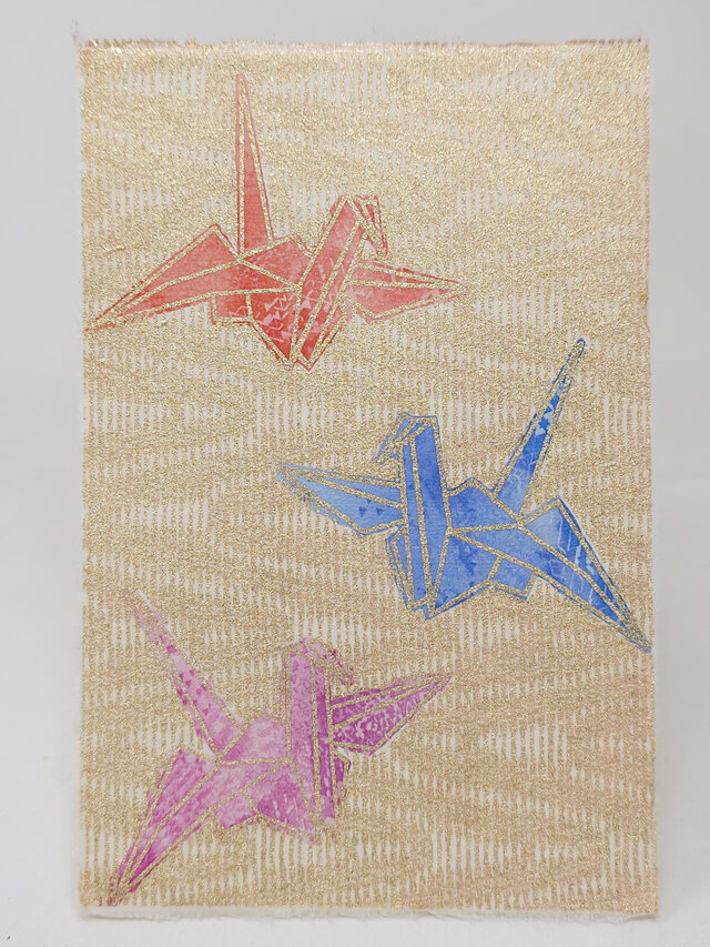 ギルディング和紙葉書　折り鶴　金