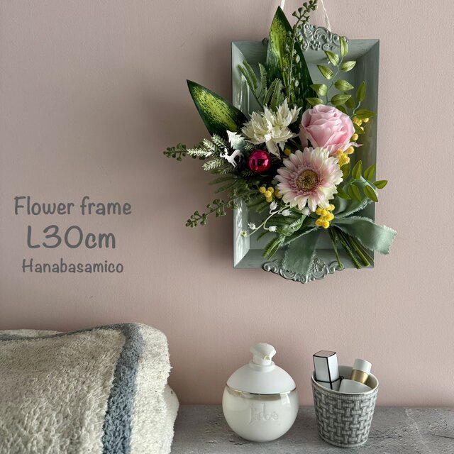 Xmasオーナメント_着脱可能！...ミモザやガーベラを使ったピンクの花束フレーム●ギフトにも_そのまま飾れます