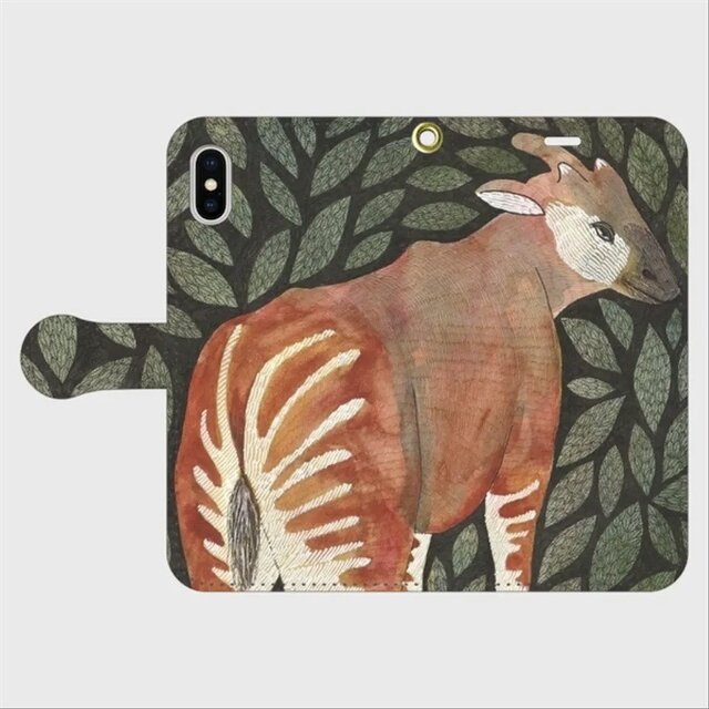 森の静寂をまとって｜オカピ・ズィモラの帯あり手帳型iPhoneケース