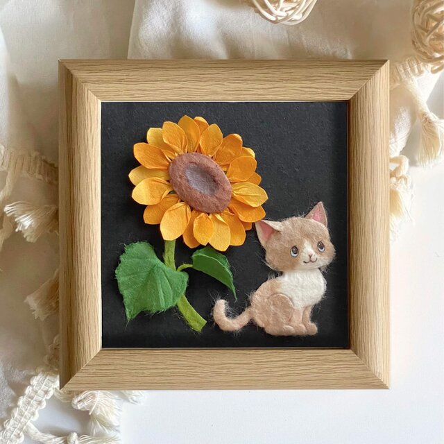 原画］和紙ちぎり絵『夏の花とネコ』ひまわりとハチワレ猫のミニアート